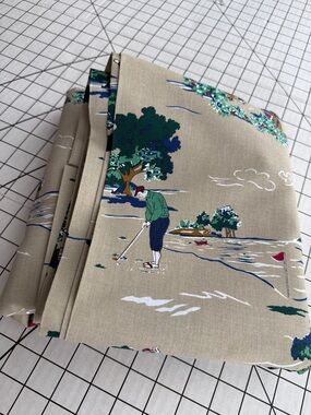 Vintage 1960s Golf Novelty Fabric 4.66 Yards 58” Wide Tan Scenic Print